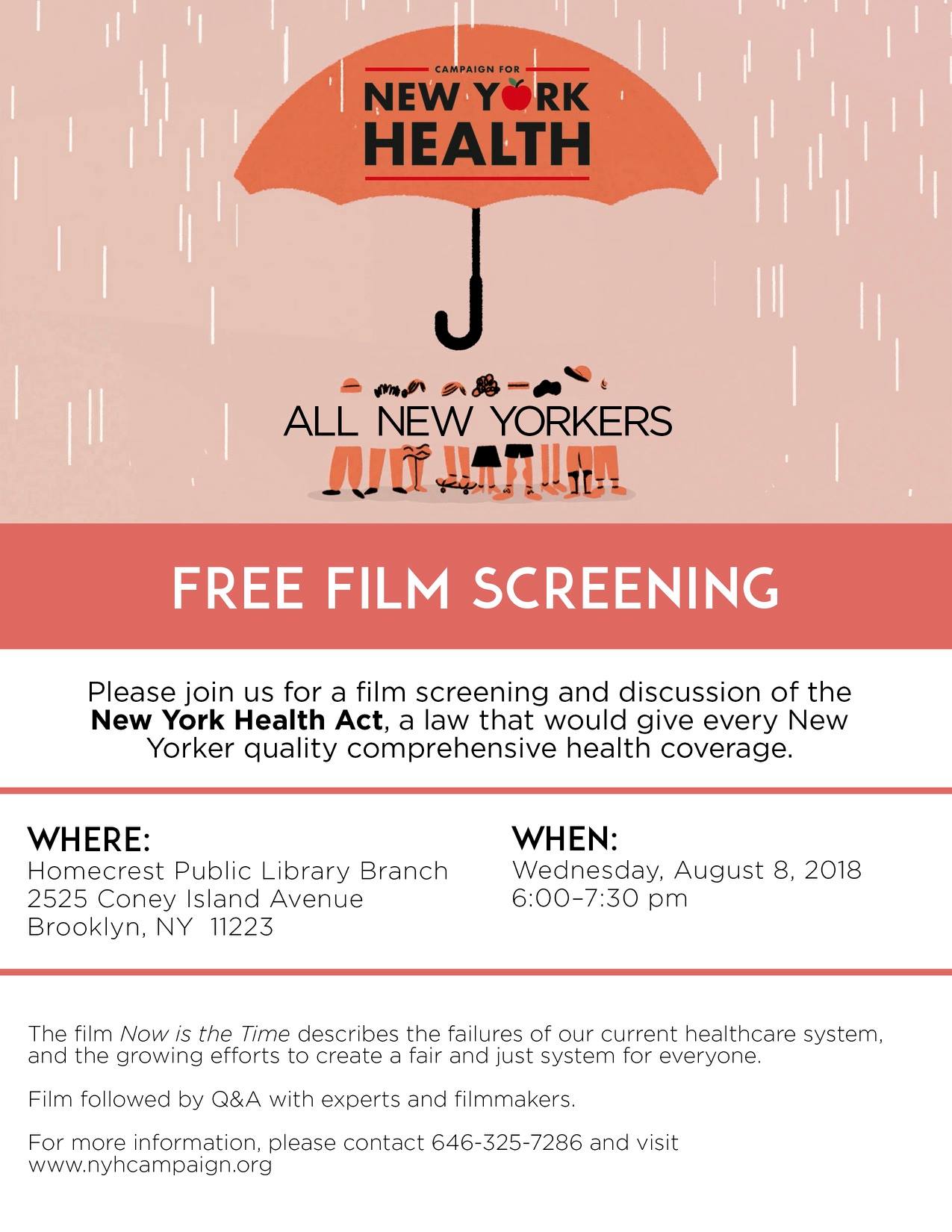 Flyer for film screening and discussion of the New York Health Act